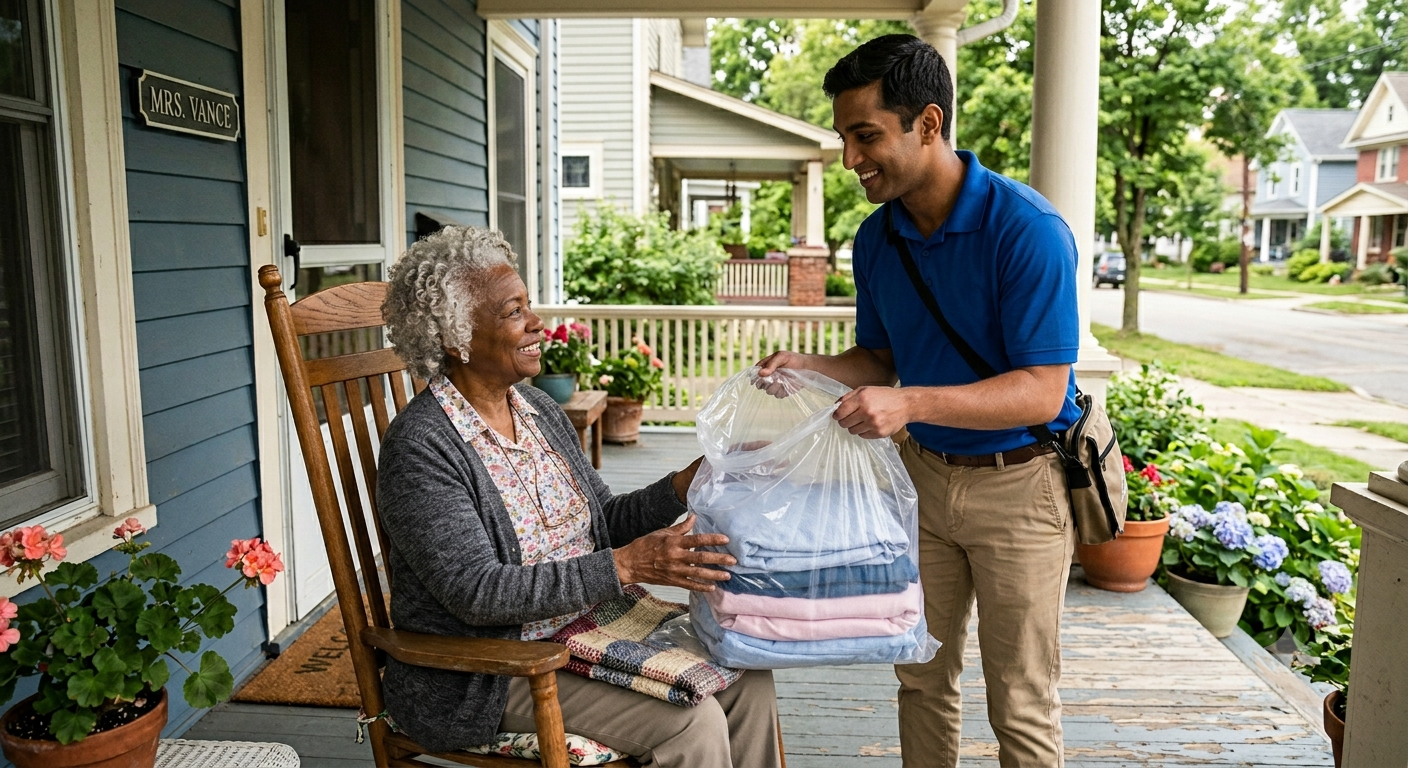 Delivering Laundry to Elderly Woman